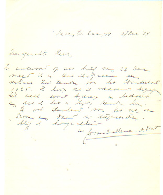 Dullemen-de Wit, Jo van - Handgeschreven briefje aan Nico van Suchtelen.