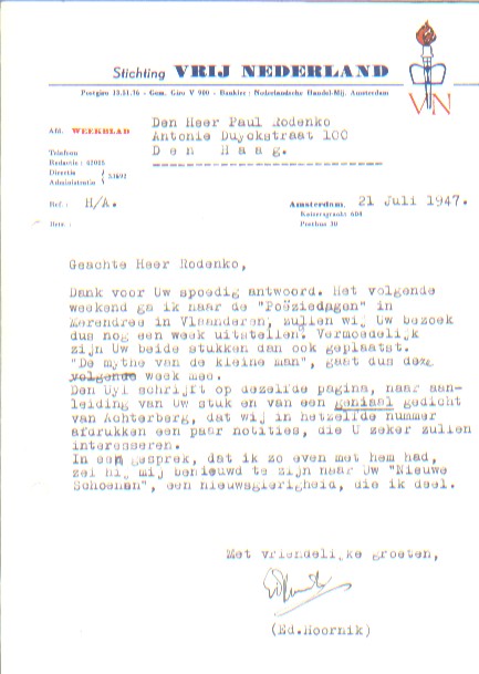 Hoornik, Ed. - Getypt briefje aan Paul Rodenko.