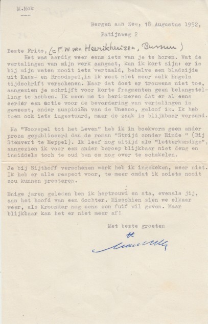 Mok, Maurits - Getypt gesigneerde brief aan F.W. van Heerikhuizen.