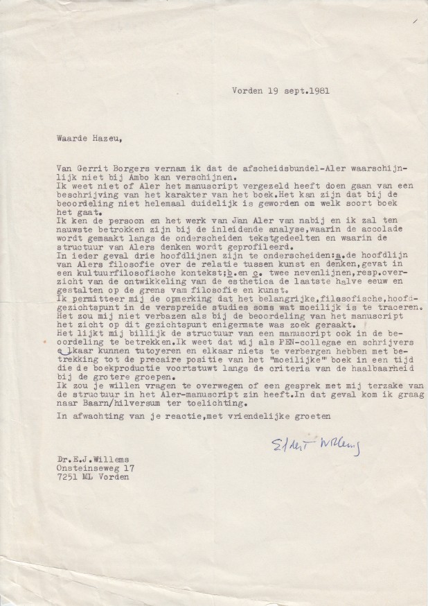 Willems, Eldert - Getypte, gesigneerde brief aan een uitgever.