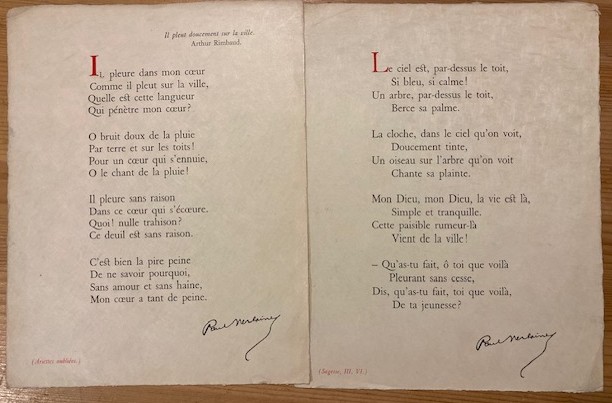 Verlaine, Paul - Twee gedichten: 'Il pleure dans mon coeur...' en 'Le ciel est, par-dessus le toit,...'.