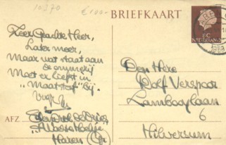 Vries, Hendrik de - Handgeschreven kaartje aan Dolf Verspoor.