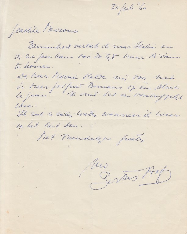 Aafjes, Bertus - Handgeschreven brief.
