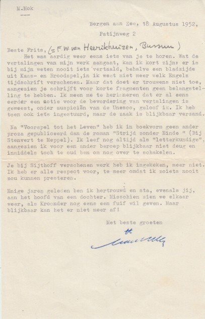 Mok, Maurits - Getypt gesigneerde brief aan F.W. van Heerikhuizen.