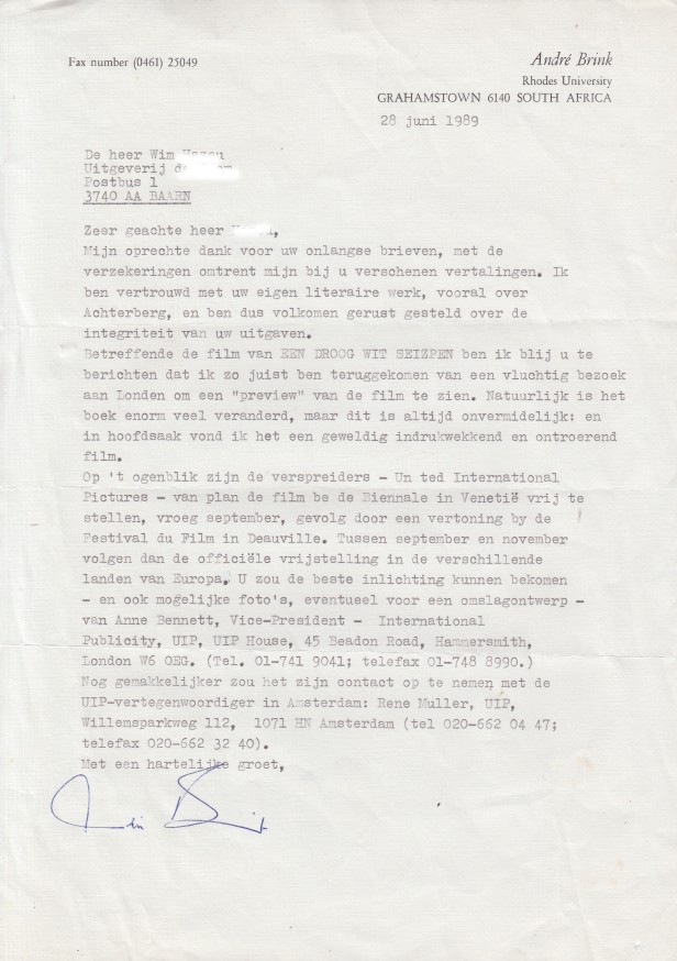 Brink, Andr - Original typed, signed letter to his Dutch publisher.